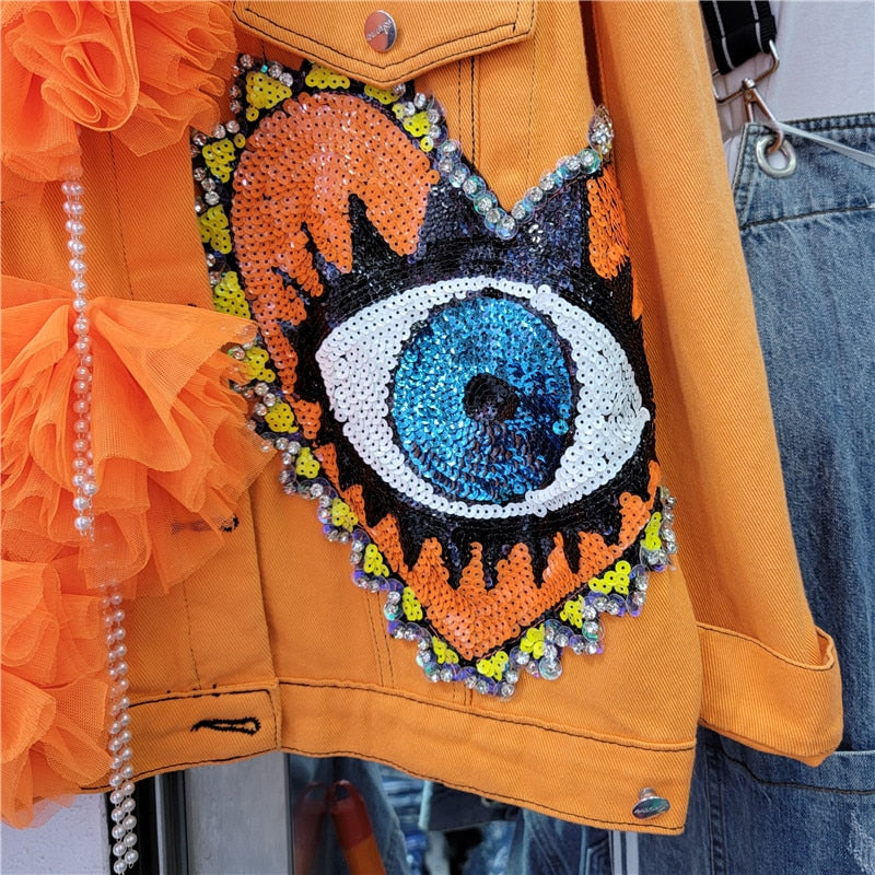 New Heavy Embroidery Sequins Cartoon Design Stitching Mesh Crop Coat Women Loose Casual Single-Breasted Denim Jacket