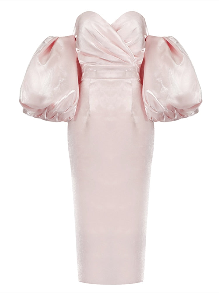 Sexy V-neck Strapless Puff Sleeve Satin Midi Dress Women Off the Shoulder Lantern Sleeve Knee-Length Dress Party Evening Dress