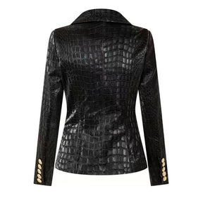 Leather Jacket Crocodile Synthetic Leather 2022 Autumn Lion Head Metal Buttons Double Breasted Suit Blazer Jacket Women