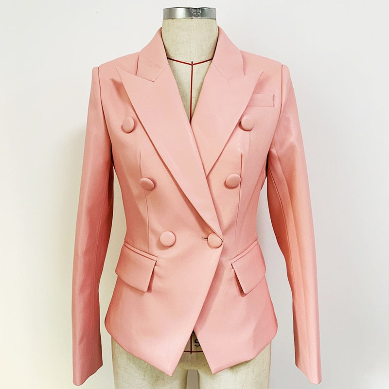 Blazer Women New Fashion Double Breasted PU Leather Button Slim Suit Pink jackets spring High Quality