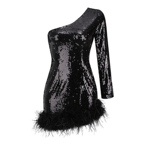 Luxury Party Feather Dress Women Summer New Trendy Sexy Diagonal Collar Design Black Dress With Sequins