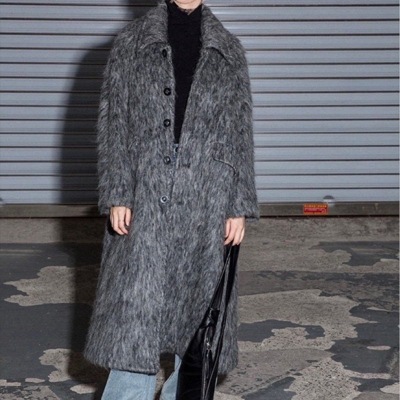 New Design Women Dark Gray High Quality Warm Wool Coat Fashion Luxury Elegant Temperament X-Long Soft Wool Overcoat