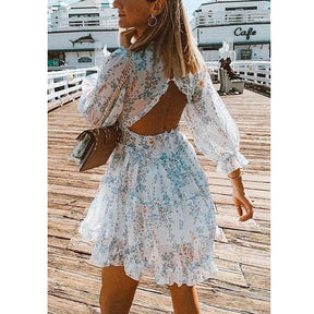 BOHO INSPIRED Harlow Floral Print Ruffle Dress women backless V-neck dress women mini summer dress