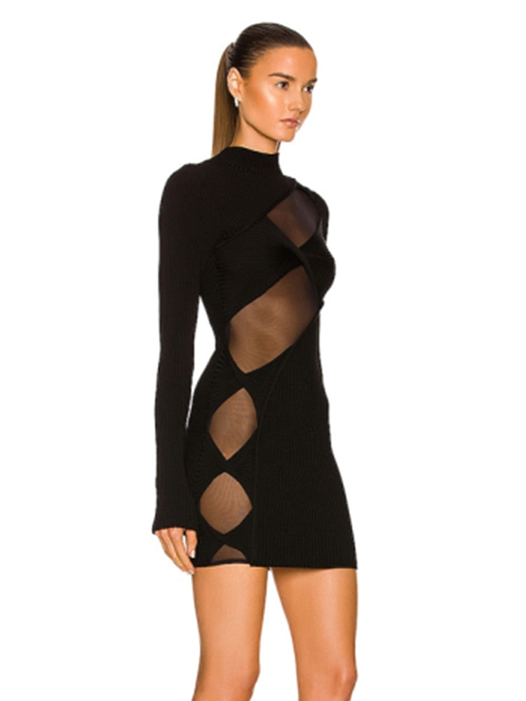 Sexy Long Sleeve Mesh Patchwork Bodycon Bandage Mini Dress Women Black Hollow Party Mini Dress Evening Birthday Club Dress 2022