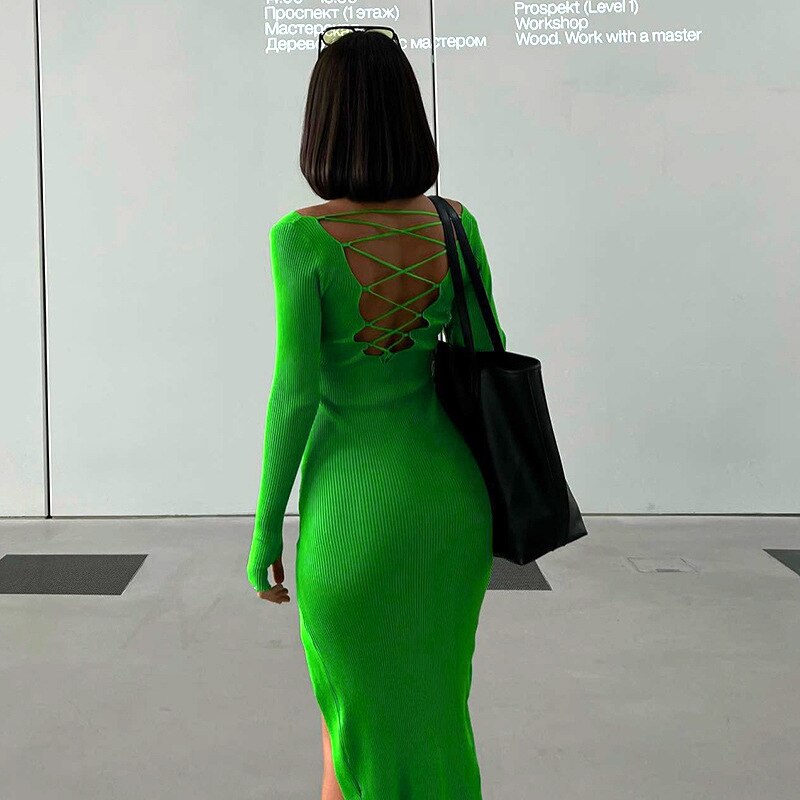 Sexy Bandage Backless Midi Dress Women Elegant Green Slim Long Sleeve Dresses 2022 Autumn High Split Party Dress Casual Outfits