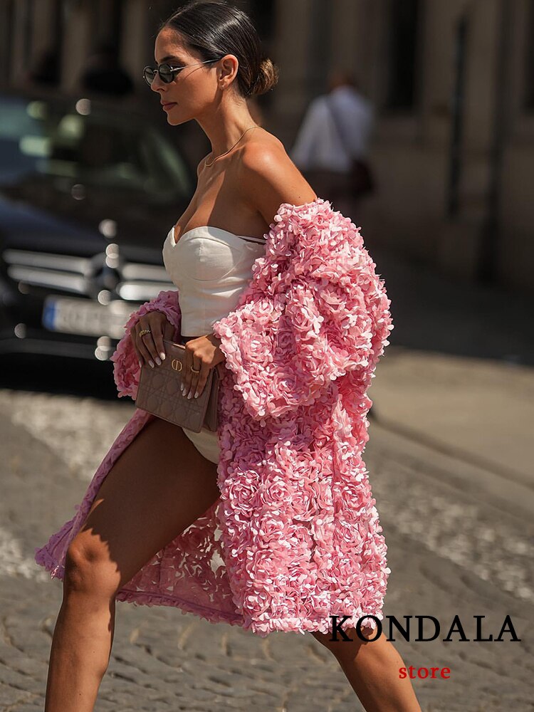 Vingtage Flower Appliques Loose Long Jackets Women V Neck Elegant Pink Cadigans Women Fashion Holiday Outwears