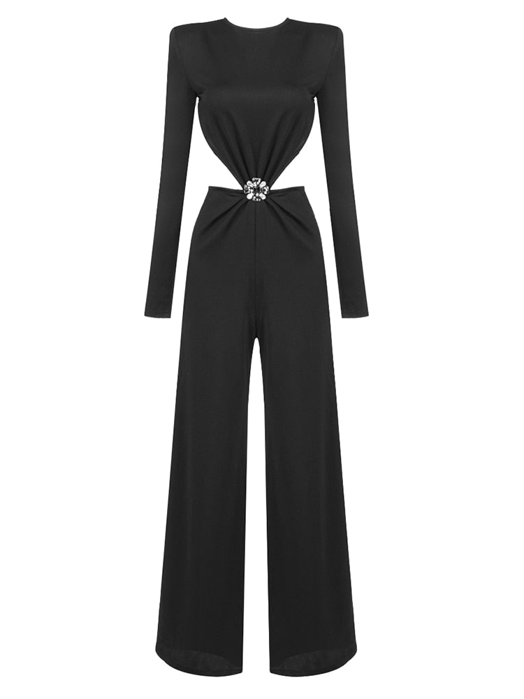 Neck Long Sleeve Hollow Out Slim Jumpsuit Elegant Black Diamond Backless Full Length Bodysuit Women Club Party Outfits