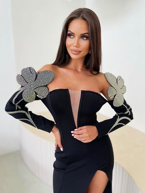 VC Trendy Beads Appliques Design Bandage Long Dress Women Sexy Off Shoulder Celebrity Party Club Vestido