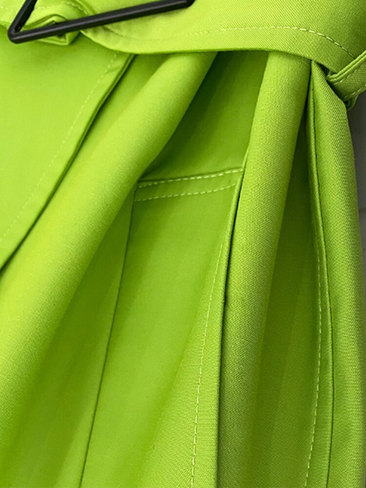 Long Oversized Bright Green Faux Leather Trench Coat for Women Belt Loose Stylish Luxury Designer Clothing