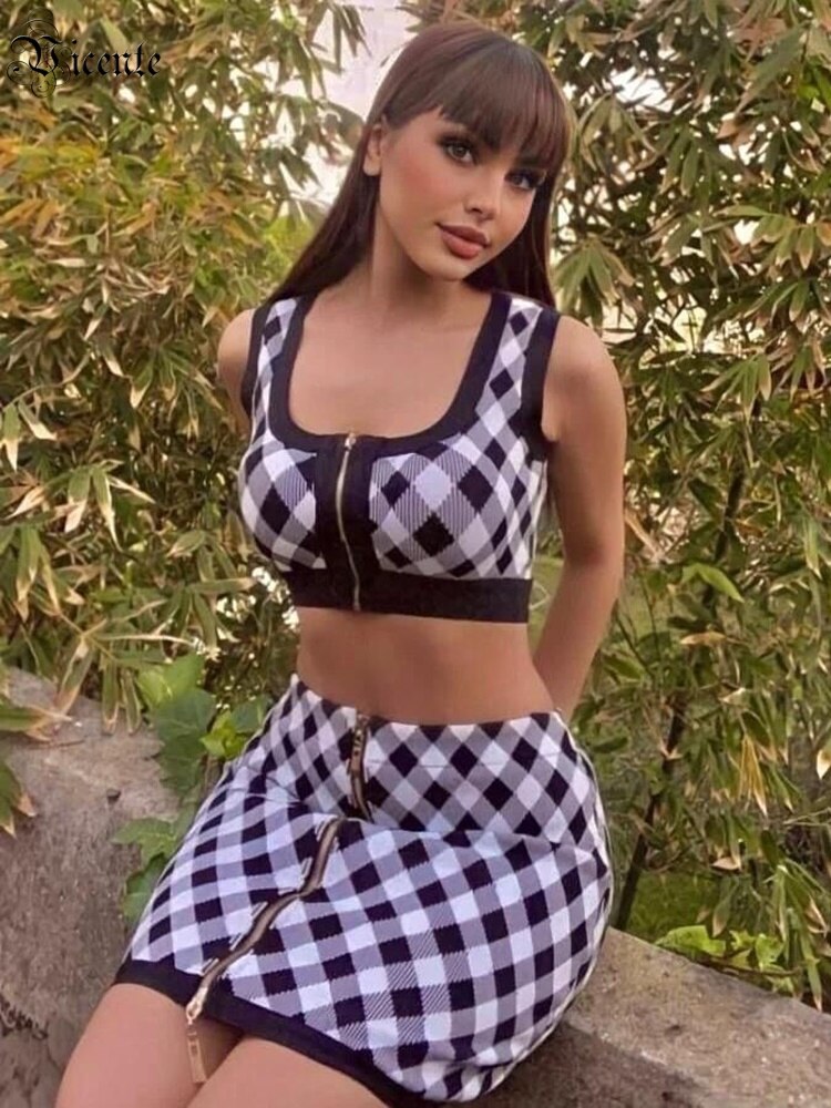 VC Two-piece For Women Diamond Check Jacquard Front Zipper Square Neck Sleeveless Crop Top Mini Skirt