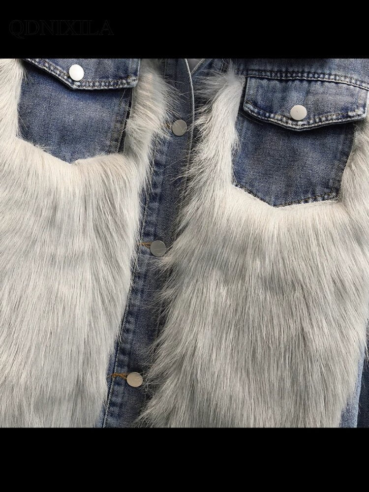 Winter Loose Casual Fashion Temperament Street Denim Stitching Jacket Fur for Women