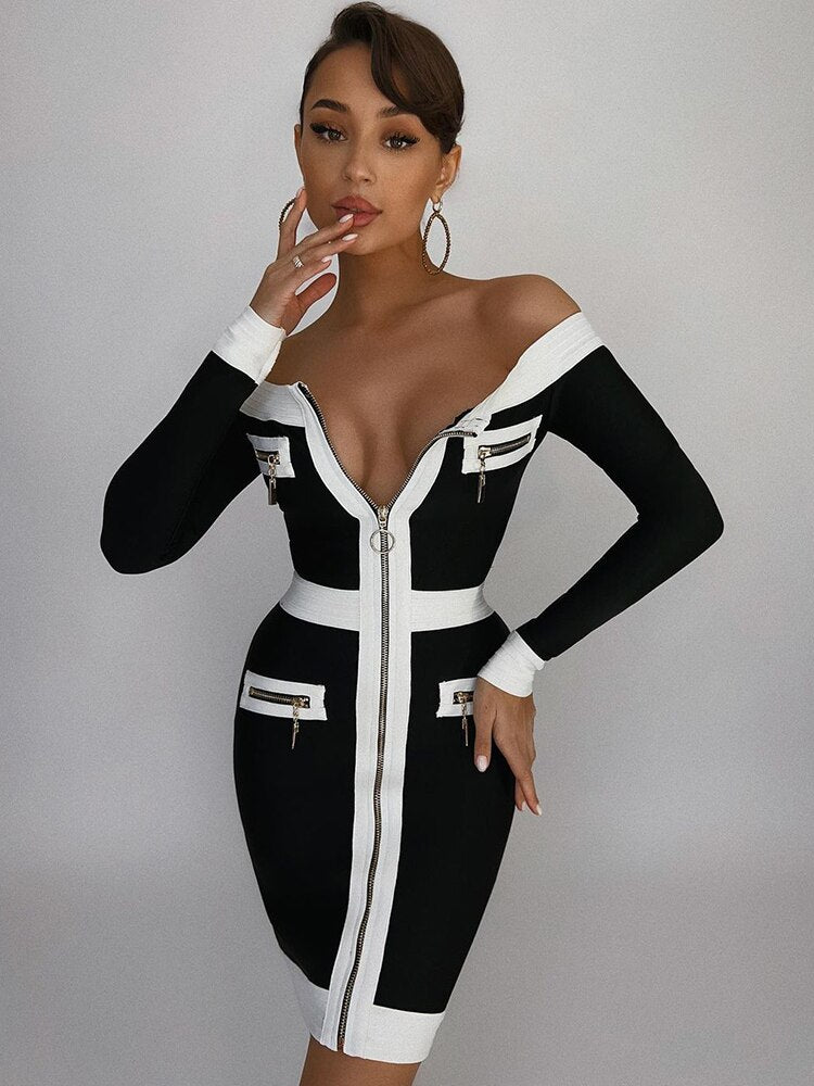 Short Bandage Dress With Zipper Design One-piece Collar Off-shoulder Long Sleeves Color Matching