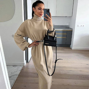 Turtleneck Dress Elegant Green Knitted Long Sleeve Sweater Dress Lady Casual Loose Christmas Clothes