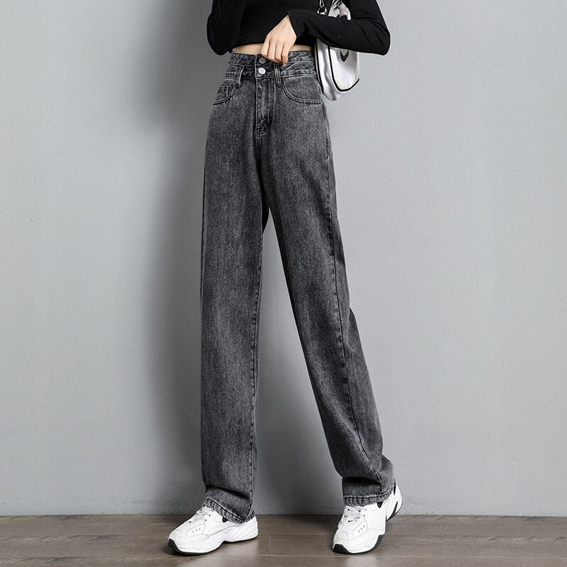 Fashion High Waist Jeans Women Loose Denim Casual Pants Street Lady Straight Trousers Wide Leg Jeans