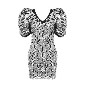 Sliver Sequins Mini Dress Women Short Sleeve V Neck Evening Celebrity Party Dress Summer New Trendy