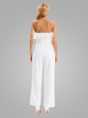 Sexy Off Shoulder Feather Slim Design Jumpsuit Fall Elegant White Tube Top White Feather Decoration Sleeveless Straight Trousers