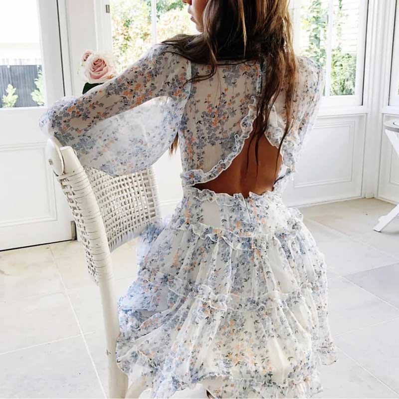 BOHO INSPIRED Harlow Floral Print Ruffle Dress women backless V-neck dress women mini summer dress