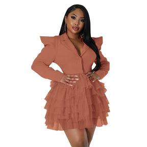 Women Single Breasted Notched Neck Puff Long Sleeve Mesh Cascading Ruffles Big Swing Blazer Dress Chic Vestidos