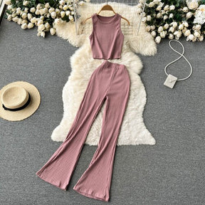 Women Two Pieces Set Sexy Sleeveless Tank Top Vintage Top and High Waist Wide Leg Pants Fashion Sets Casual Summer Femme Clothes