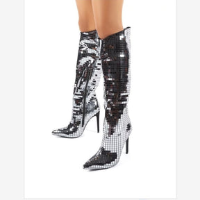 Diamond Zippered Women Boots Leather Thigh Boots Rivet Sequins Knee High Boots