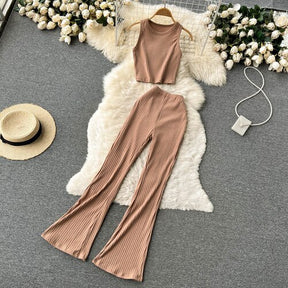 Women Two Pieces Set Sexy Sleeveless Tank Top Vintage Top and High Waist Wide Leg Pants Fashion Sets Casual Summer Femme Clothes