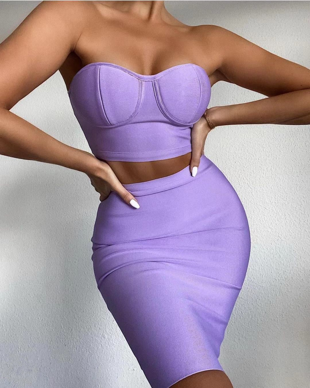 Top Quality Purple Celebrity Two Pieces Set Strapless Knee Length Rayon Bandage Dress Cocktail Party Dress Vestidos