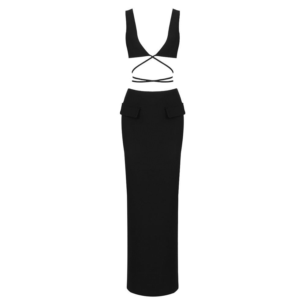 VC Beach Two Piece Set Women Sexy Straight Split Long Skirts Backless Cropped Corset Top 2022 Summer Holiday Wear