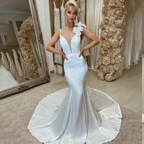 Sexy Mermaid Wedding Dress Sleeveless 3D Flowers Vestidos de novia V Neck Bridal Gown  For Women Robe De Mariee Customize