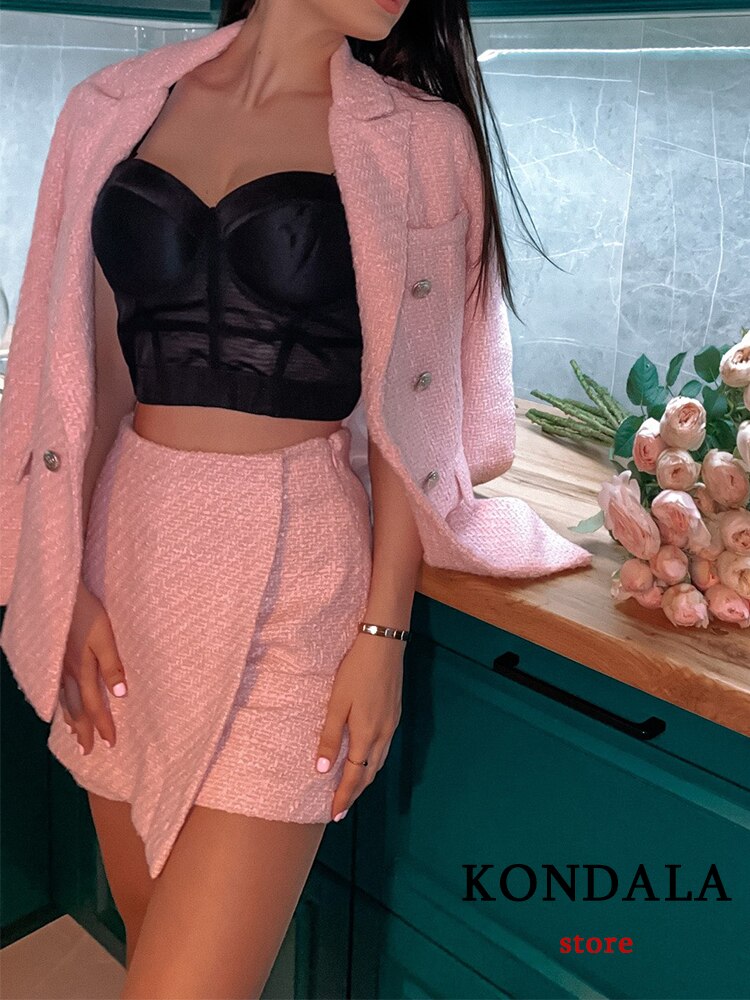 KONDALA Chic Pink Blazer Office Lady Fashion 2022 Plaid Oversized Long Jackets Women Long Sleeve Double Button Pockets Tops