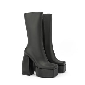 New winter Mid-calf boots11cm square head side zipper high heels 5cm waterproof platform 22 colors Short plush leather boots 45