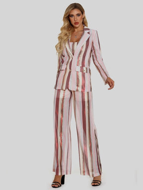 Elegant Blazer Striped Casual Wide Leg Pants 3 Piece Suit Sexy Tube Top + Breasted Blazer Coat +Long Pants Set Party Evening