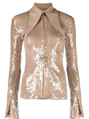 Designer Blouse Women's Flare Sleeve Glitter Sequined Gauze Shirt