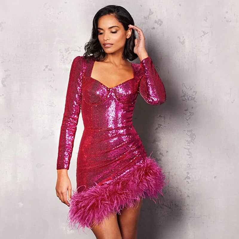 New Feather Dress Women Elegant Birthday Party For Girl Luxury Sequins Mini Dress Prom Wear