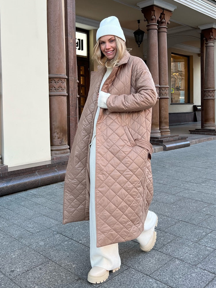 Winter Woman Coat Long Straight Rhombus Pattern Parkas Green Casual Sashes Windproof Warm Thick Coat Elegant Female Outwear
