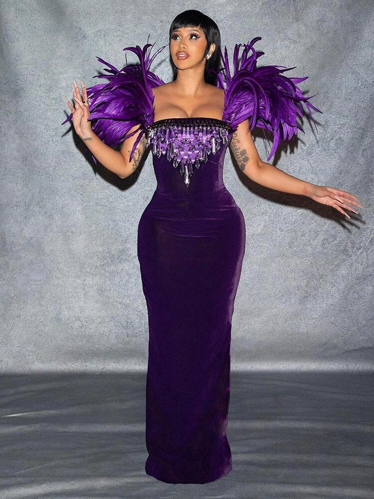 Luxury Evening Party Long Dress Women Elegant Square Neck Feather Crystal Design Purple Velvet Dress With Gloves