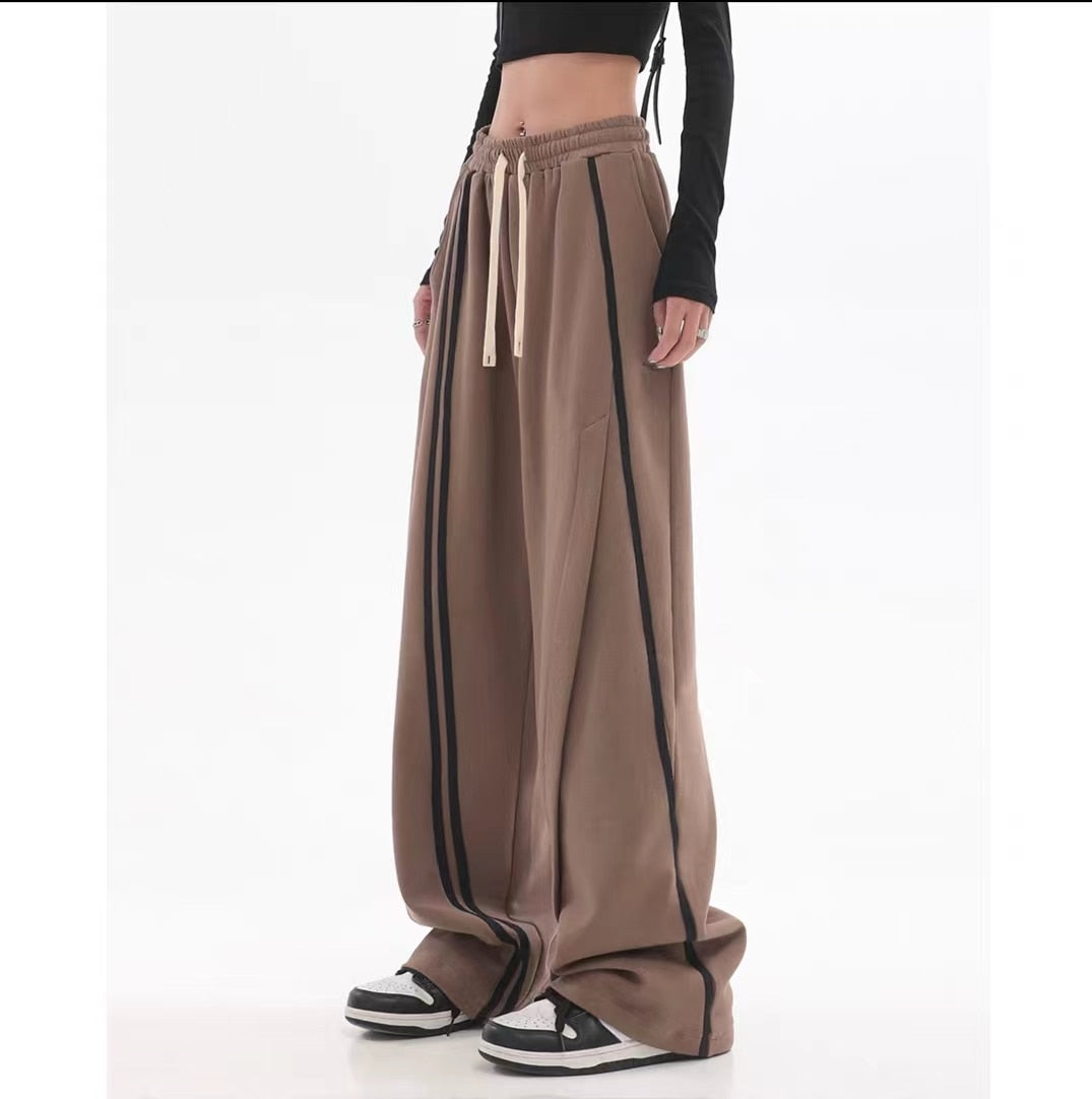 Vintage Drawstring Tie Up Joggers Trousers Elastic Waist Straight Cylinder Wide Leg Sweatpants