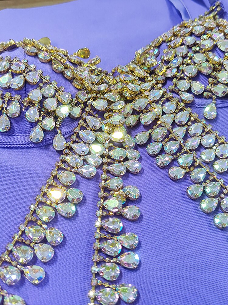 Sexy Spaghetti Strap Luxury Crystal Diamond Bodycon Bandage Dress Summer Purple Khaki Beaded Dress Celebrity Party Club Dress