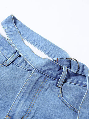 Denim Bandage V-neck backless Tops And High Waist Loose Straight Sashes Jeans Female Summer 2023