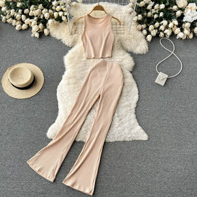 Women Two Pieces Set Sexy Sleeveless Tank Top Vintage Top and High Waist Wide Leg Pants Fashion Sets Casual Summer Femme Clothes