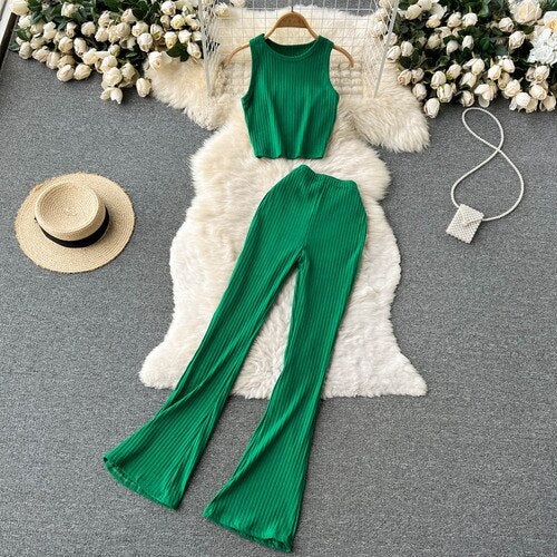 Women Two Pieces Set Sexy Sleeveless Tank Top Vintage Top and High Waist Wide Leg Pants Fashion Sets Casual Summer Femme Clothes