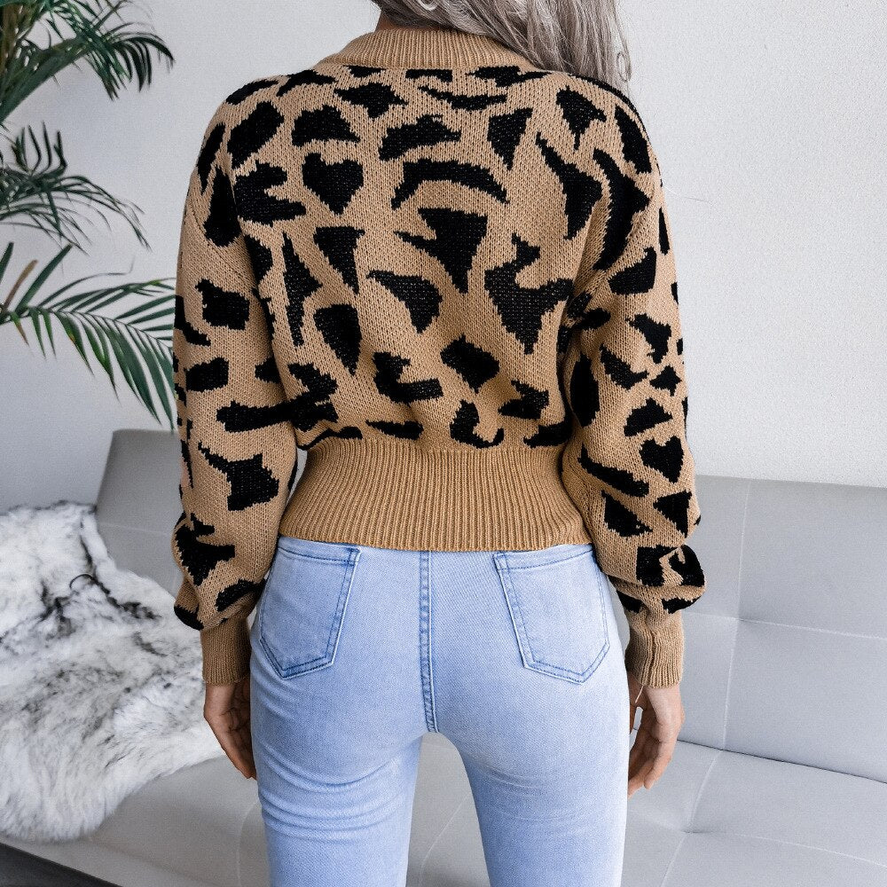 Autumn Winter Casual Leopard Print Nipped Crop Sweater For Ladies Fashion O Neck Long Sleeve Knitted Tops