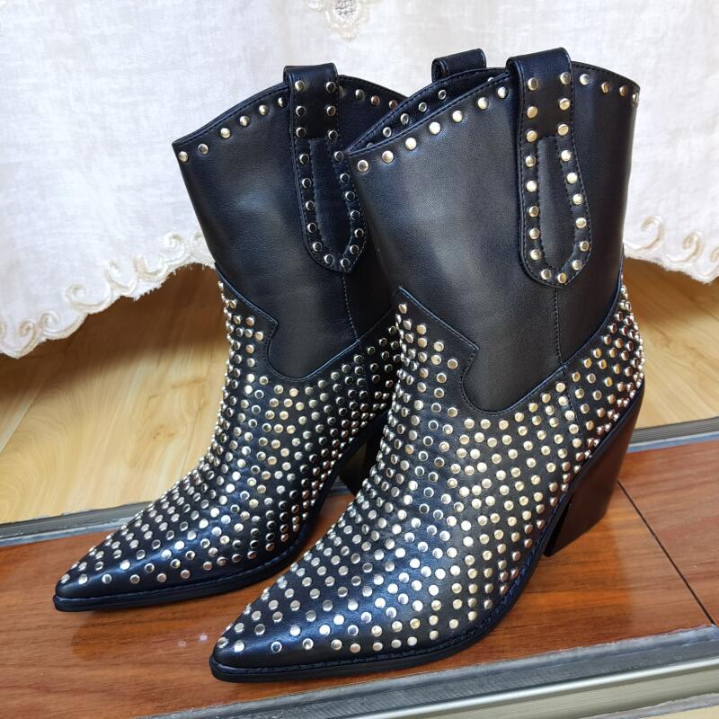 New Punk Style Rivet Women Shoes Thick High Heel Pointed Toe Motorcycle Ankle Boots Black Big