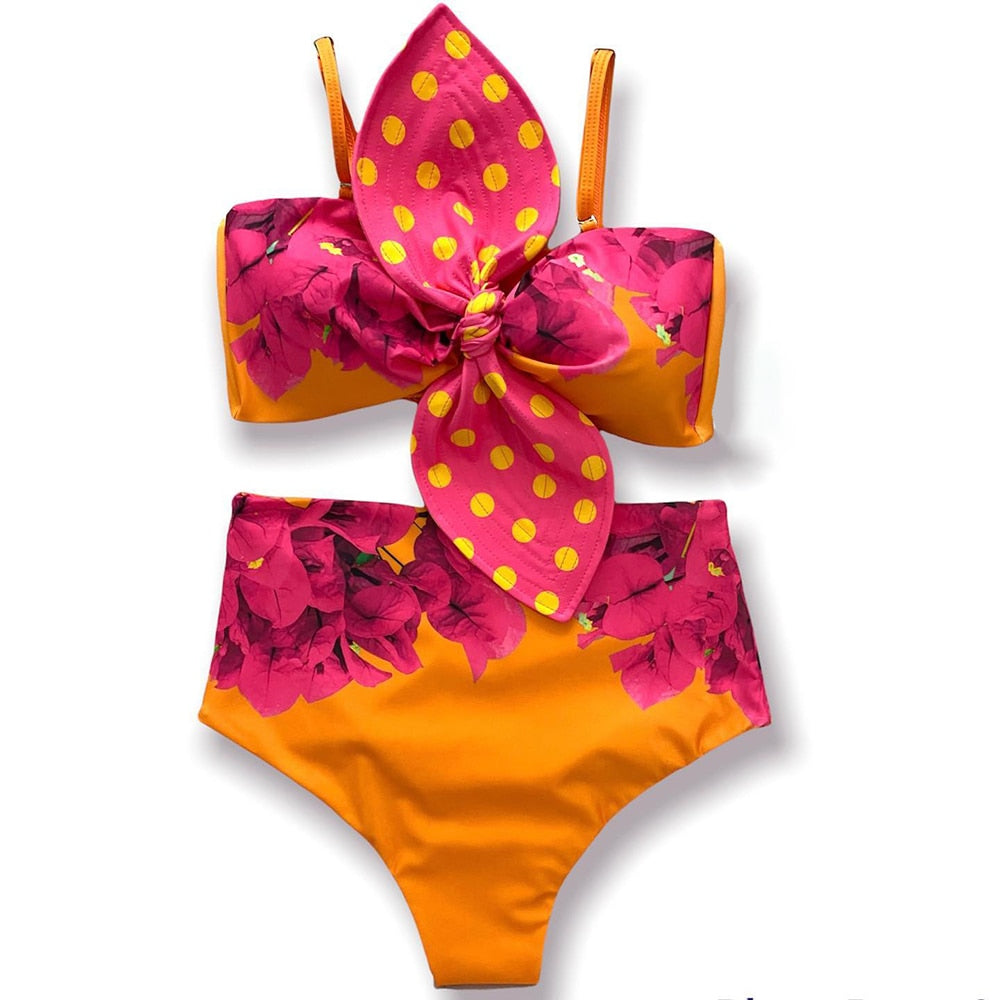 New Sexy High Waist Bikini Sets Ruffle Swimwear Women Swimsuit Print Floral Dots V-neck Beach Wear Bathing Suits biquini