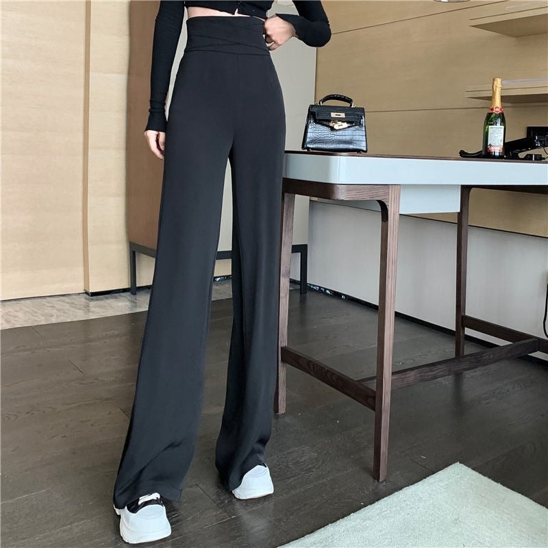 Suit Pants 2022 Sexy Straight Trousers Womens Fluid Black Ice Silk High Waist Style Fashion Elegant Casual