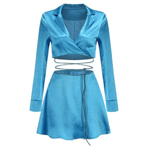 Two-Piece Set Crystal Chain Design Silky Satin Long-Sleeved Lapels Crop Top Mini Skirt Suit 2022 Autumn Winter