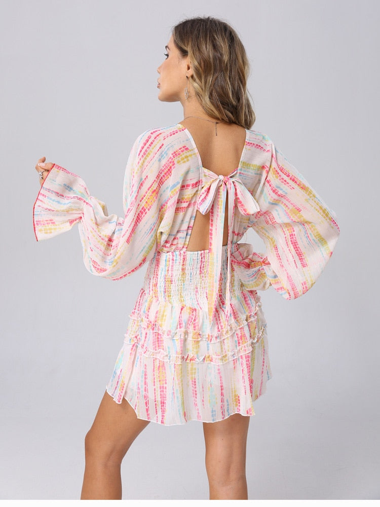 Summer Holiday Vocation Long Sleeve Sexy V-neck Ruffled A-line Beach Playsuit with Headband