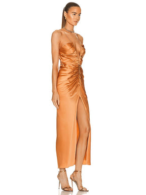 Woman Sexy Deep V Halter Dress Draped Design Slim Slit Cocktail Party Long Dress 2022 Autumn Winter New Trendy