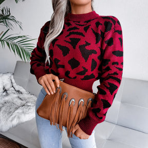 Autumn Winter Casual Leopard Print Nipped Crop Sweater For Ladies Fashion O Neck Long Sleeve Knitted Tops