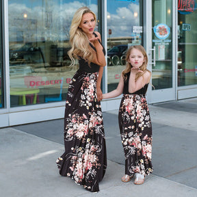 Flower Mommy and Me Clothes Family Set Sleeveless Mother Daughter Matching Vest Dresses Fashion Woman Girls Long Dress Outfits