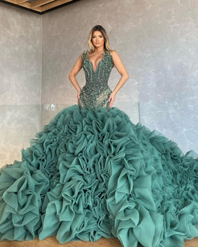 Luxury Emerald Green Beaded Mermaid Evening Dresses Ruffles Tiered Tulle Evening Gowns